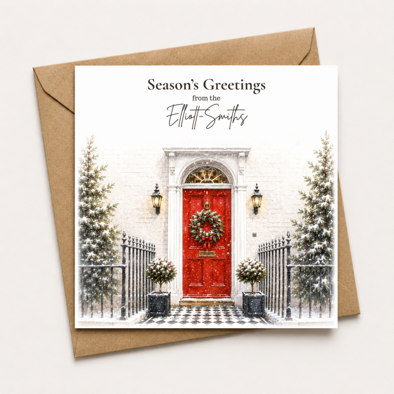 Personalised Christmas Card – Festive Red Door & Snowy Christmas House