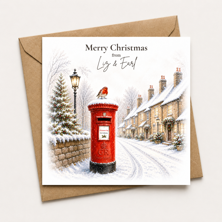 Personalised Christmas Card – Snowy Village Postbox & Robin