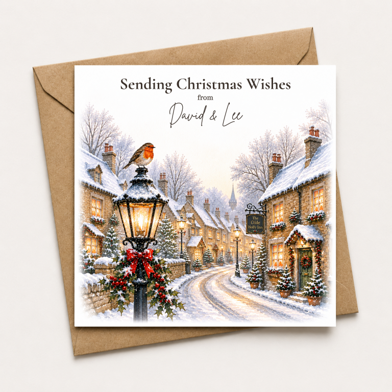 Personalised Christmas Card – Snowy Village & Robin Winter Scene