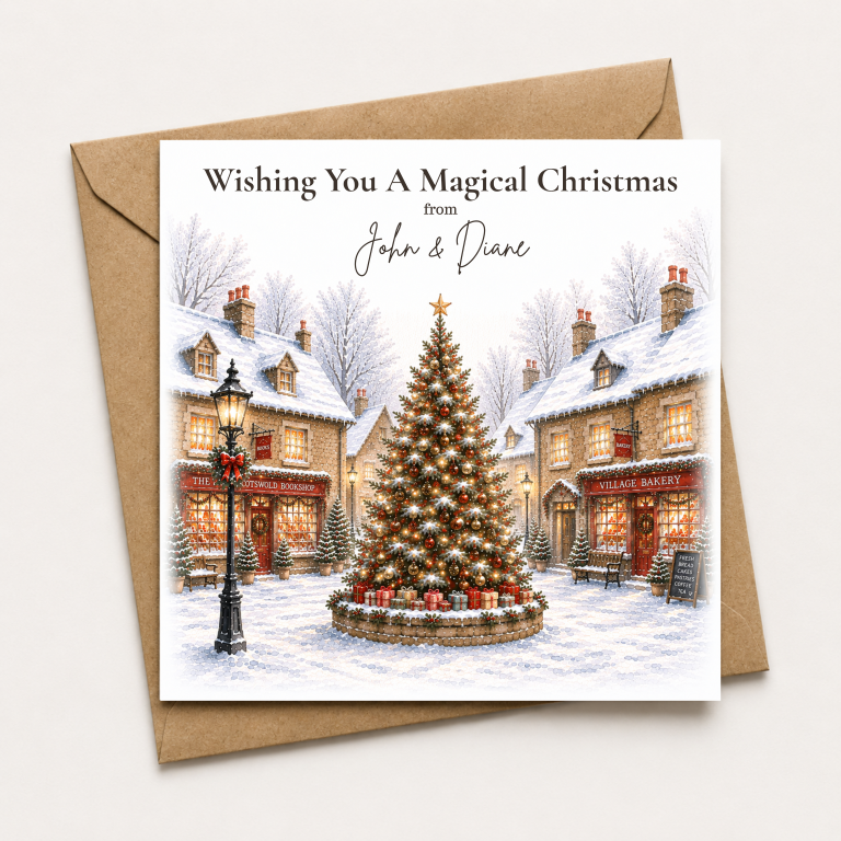 Personalised Christmas Card – Magical Christmas Village & Tree