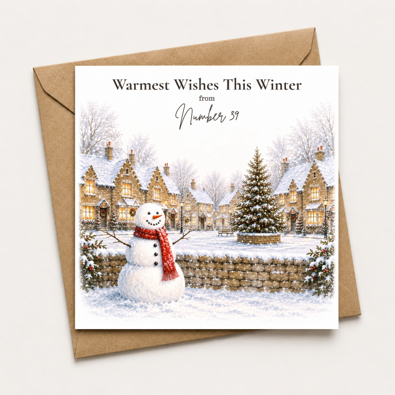 Personalised Christmas Card – Snowman & Traditional Winter Village