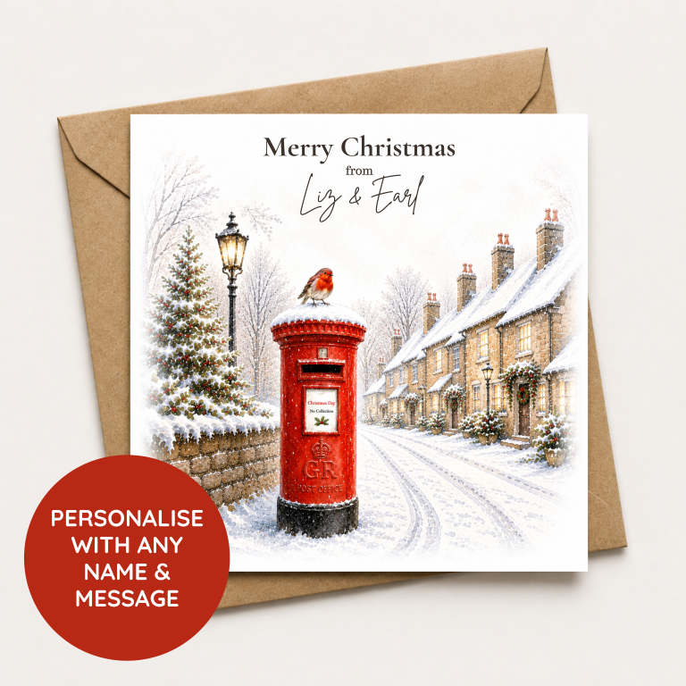 Personalised Christmas Card – Snowy Village Postbox & Robin