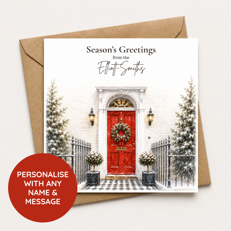 Personalised Christmas Card – Festive Red Door & Snowy Christmas House