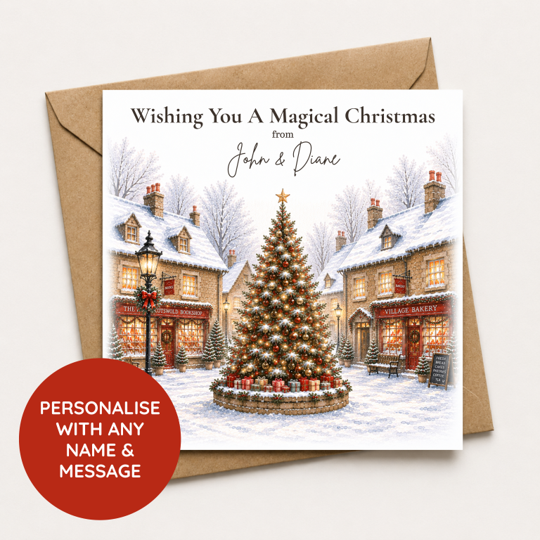 Personalised Christmas Card – Magical Christmas Village & Tree