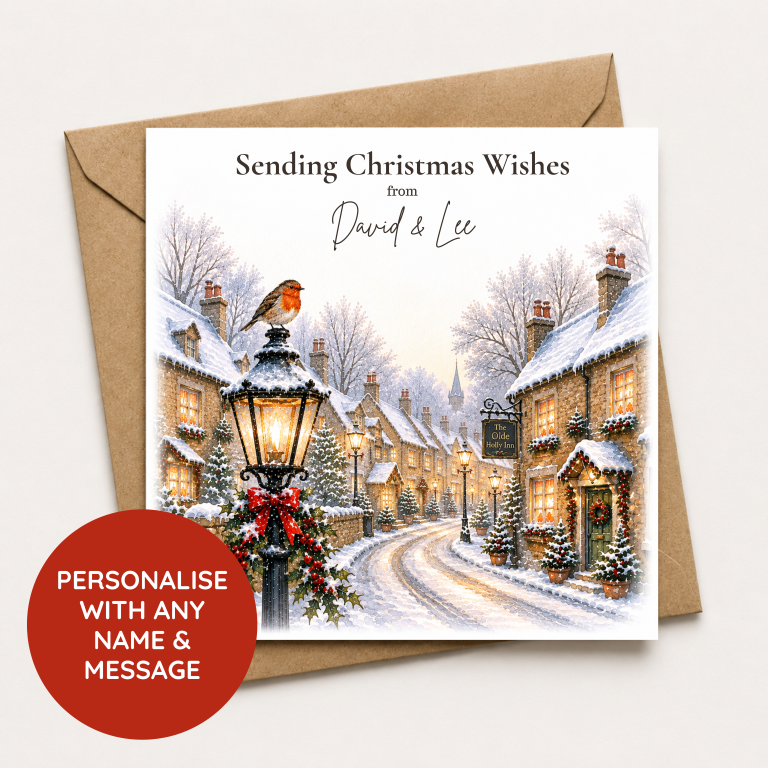 Personalised Christmas Card – Snowy Village & Robin Winter Scene