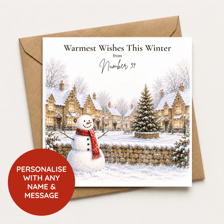 Personalised Christmas Card – Snowman & Traditional Winter Village