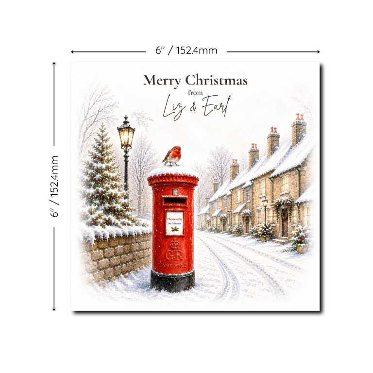 Personalised Christmas Card – Snowy Village Postbox & Robin
