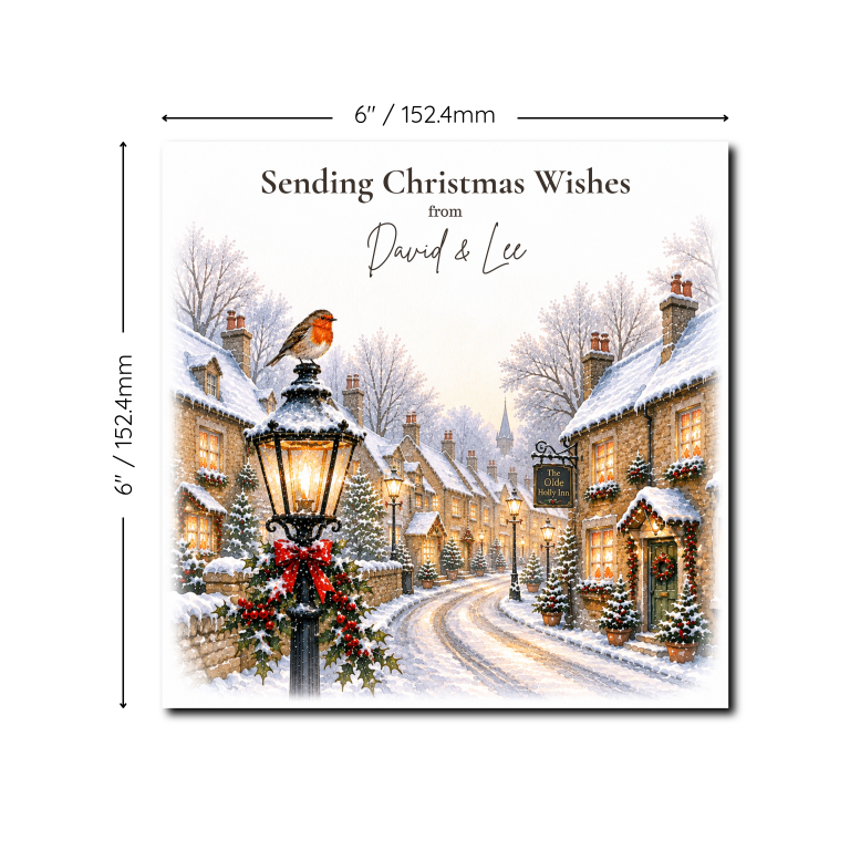 Personalised Christmas Card – Snowy Village & Robin Winter Scene