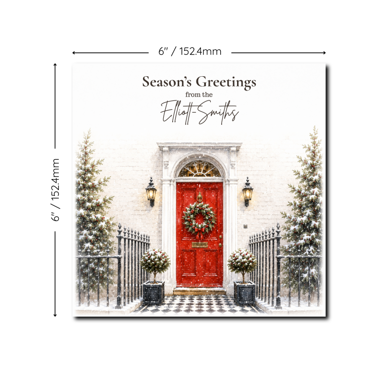 Personalised Christmas Card – Festive Red Door & Snowy Christmas House